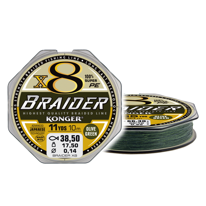 KONGER PLECIONKA PRZYPONOWA BRAIDER X8 OLIVE GREEN 0,14mm 10m